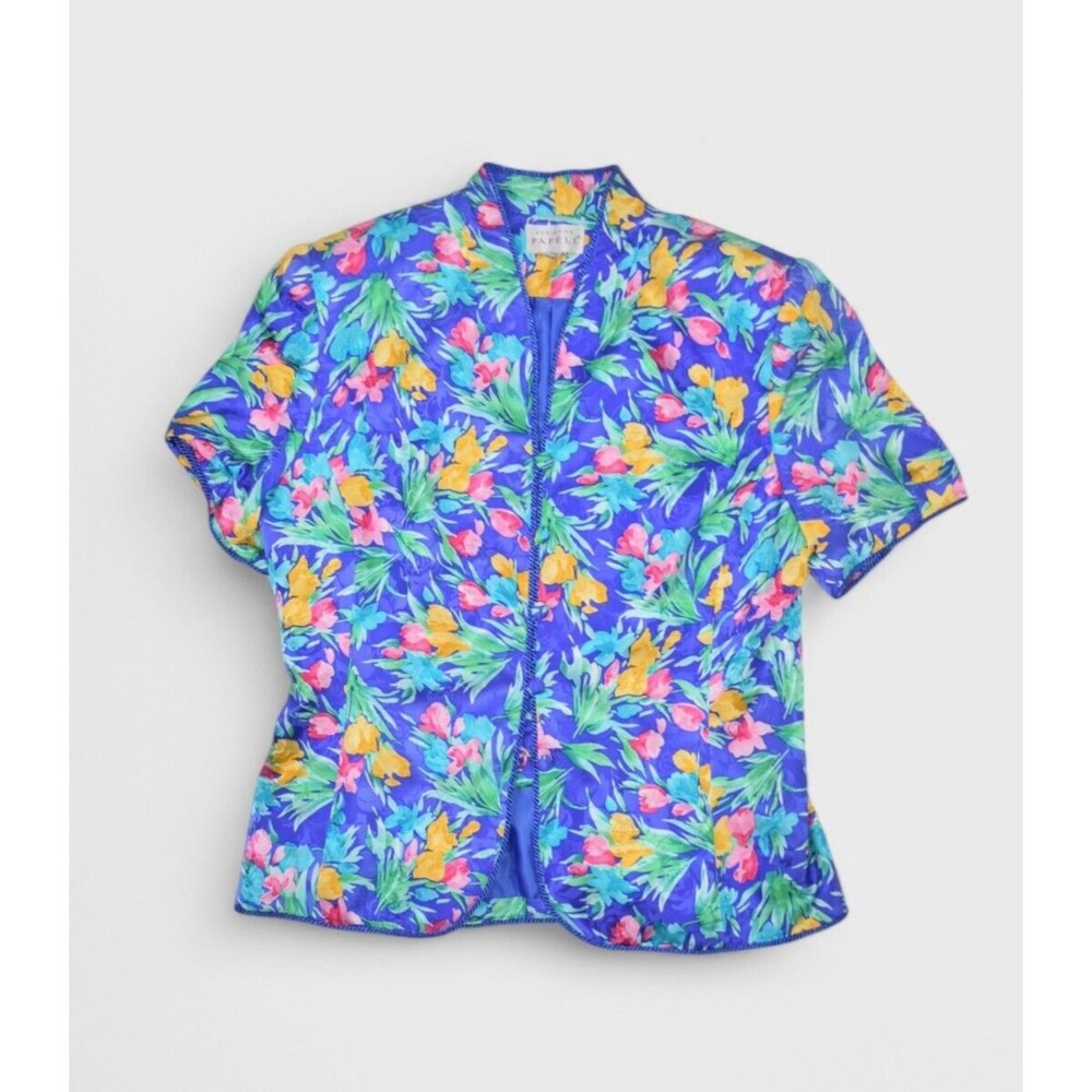 Adrianna Papell Blouse Womens 14 100% Silk Floral Top Button Front Short Sleeve